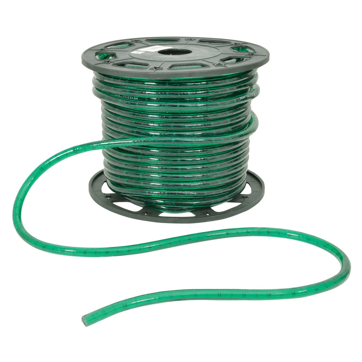 A 1-meter length of the LYYT 230V IP44 LED Rope Light in green, designed for weather resistance, partially uncoiled and resting on a white surface, is neatly coiled around its spool.