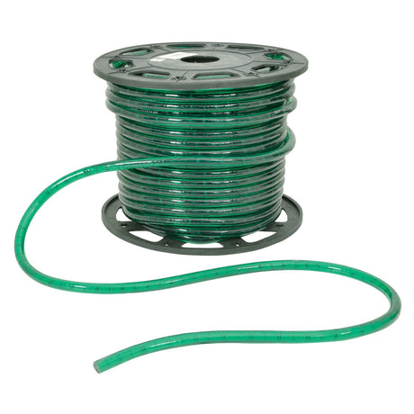 A 1-meter length of the LYYT 230V IP44 LED Rope Light in green, designed for weather resistance, partially uncoiled and resting on a white surface, is neatly coiled around its spool.