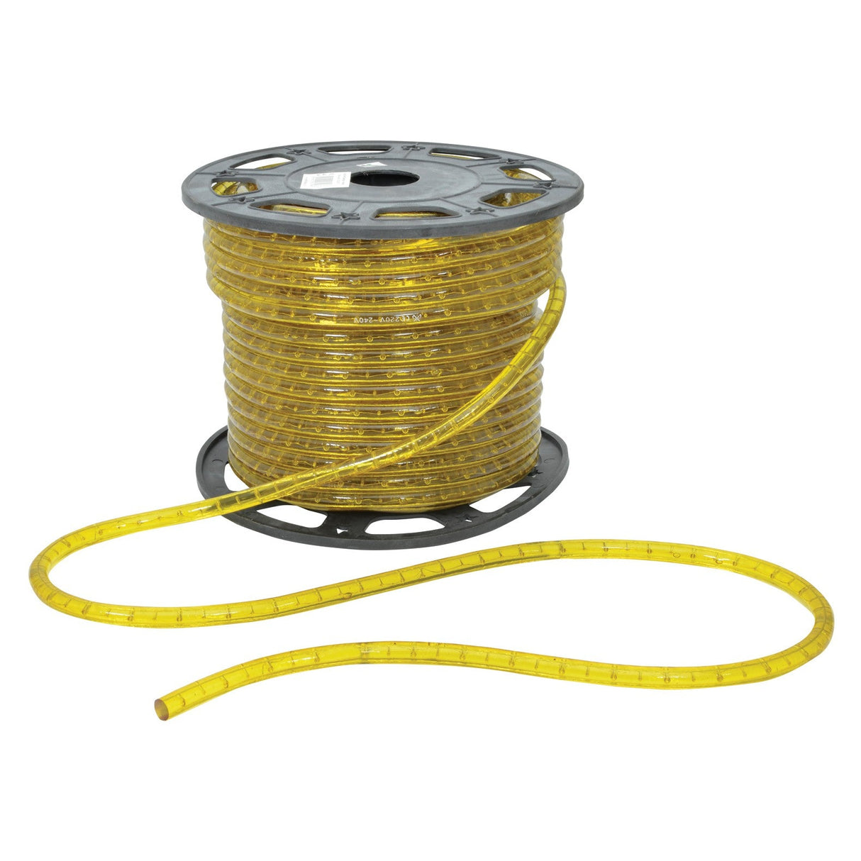 A coil of the LYYT 230V IP44 LED Rope Light in yellow is neatly wrapped around a black reel, with part of it extended against a white background. This weather-resistant rope light is ideal for outdoor settings, featuring dimmable rice bulbs that allow for customizable ambiance.