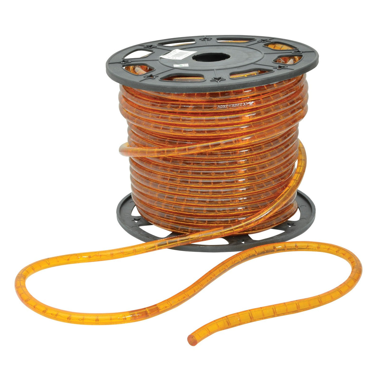 A one-meter length of the LYYT 230V IP44 LED Rope Light in orange, designed for weather resistance, is neatly wound around a black plastic reel, with a segment extending gracefully across the floor.