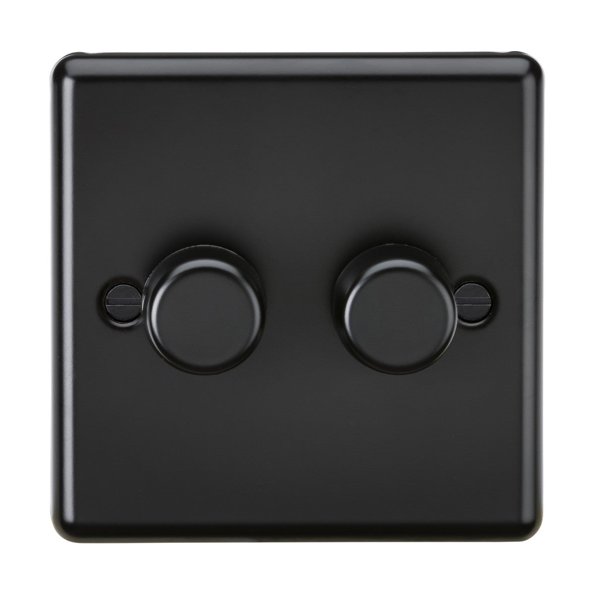 The 2 Gang 2 Way 10-200W (5-150W LED) Intelligent Dimmer in matt black features two round dimmer knobs on a smooth, minimalistic switch plate with a modern design. Each knob is centered above a small screw, achieving a sleek and functional aesthetic.