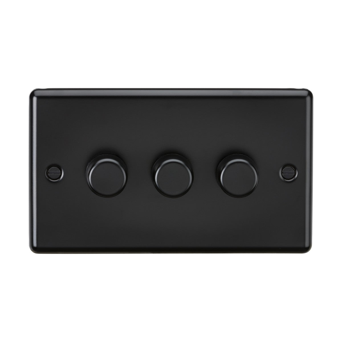 A minimalist and modern wall panel in matt black, the 3 Gang 2 Way 10-200W (5-150W LED) Intelligent Dimmer features three rotary dimming switches that are evenly spaced and centered. The rectangular panel has a smooth finish with two small screws on either side for easy mounting, providing a sleek aesthetic for any space.