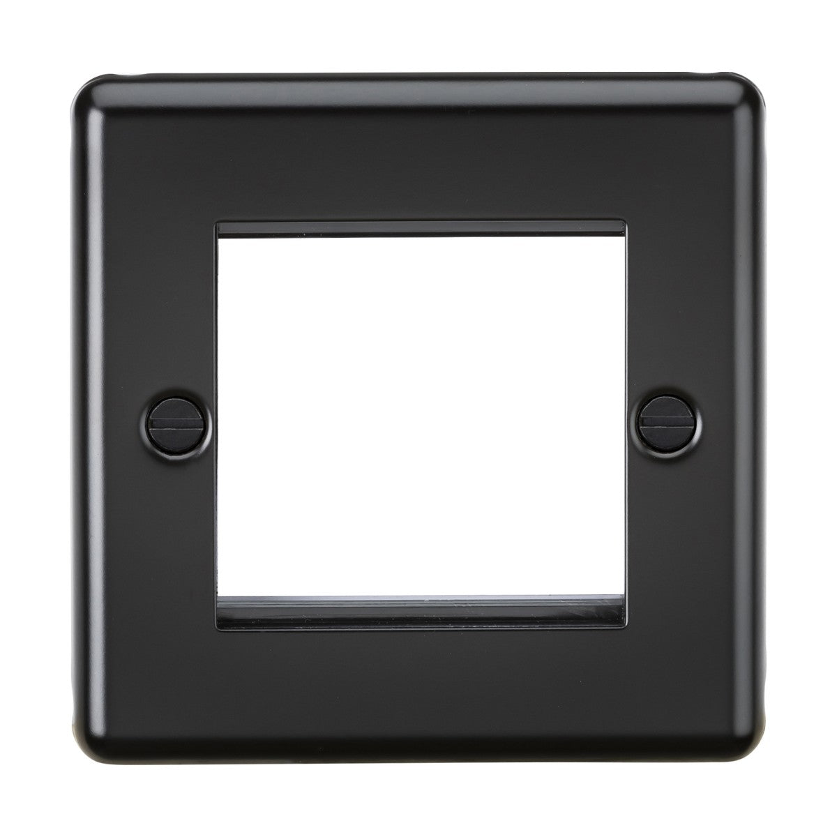 A 2 Gang Modular Faceplate in matt black with rounded edges, designed for custom installations and featuring a central rectangular opening compatible with euro modules and two screw holes on each side.
