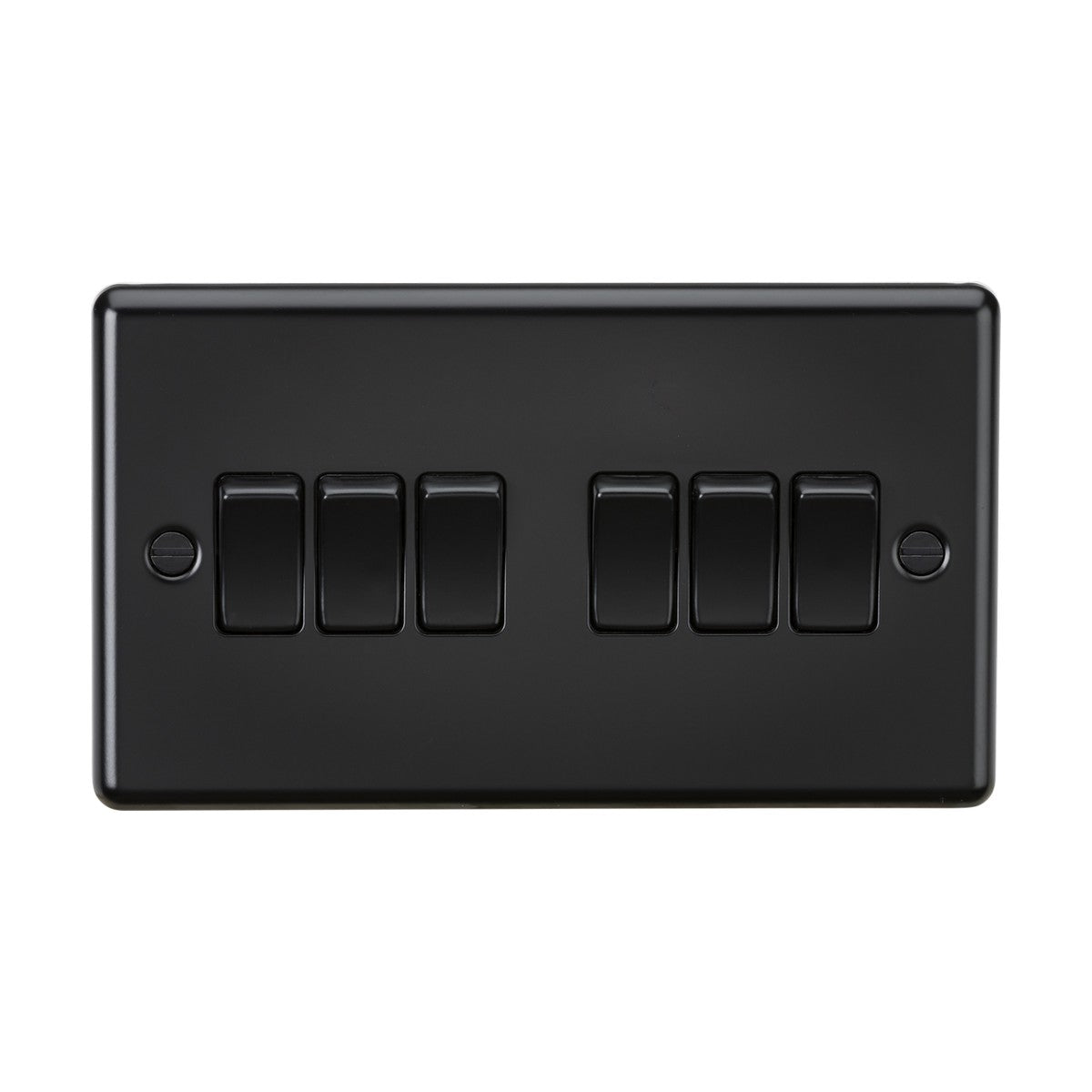 The 10AX 6 Gang 2-Way Switch in matt black features six rectangular switches, arranged in two rows of three. It is crafted from premium-grade steel with a glossy finish and mounts seamlessly on a flat surface.