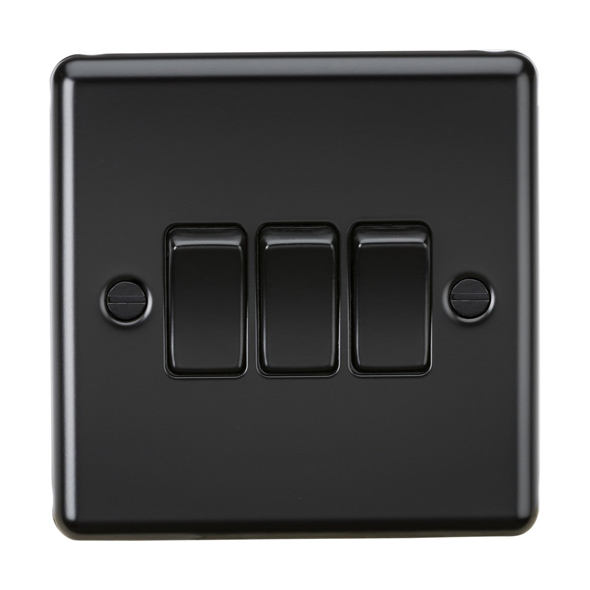 A 10AX 3 Gang 2-Way Switch in matt black with a rounded edge metal design is mounted on the wall. Each switch is positioned vertically, featuring screws visible on either side of the glossy plate.