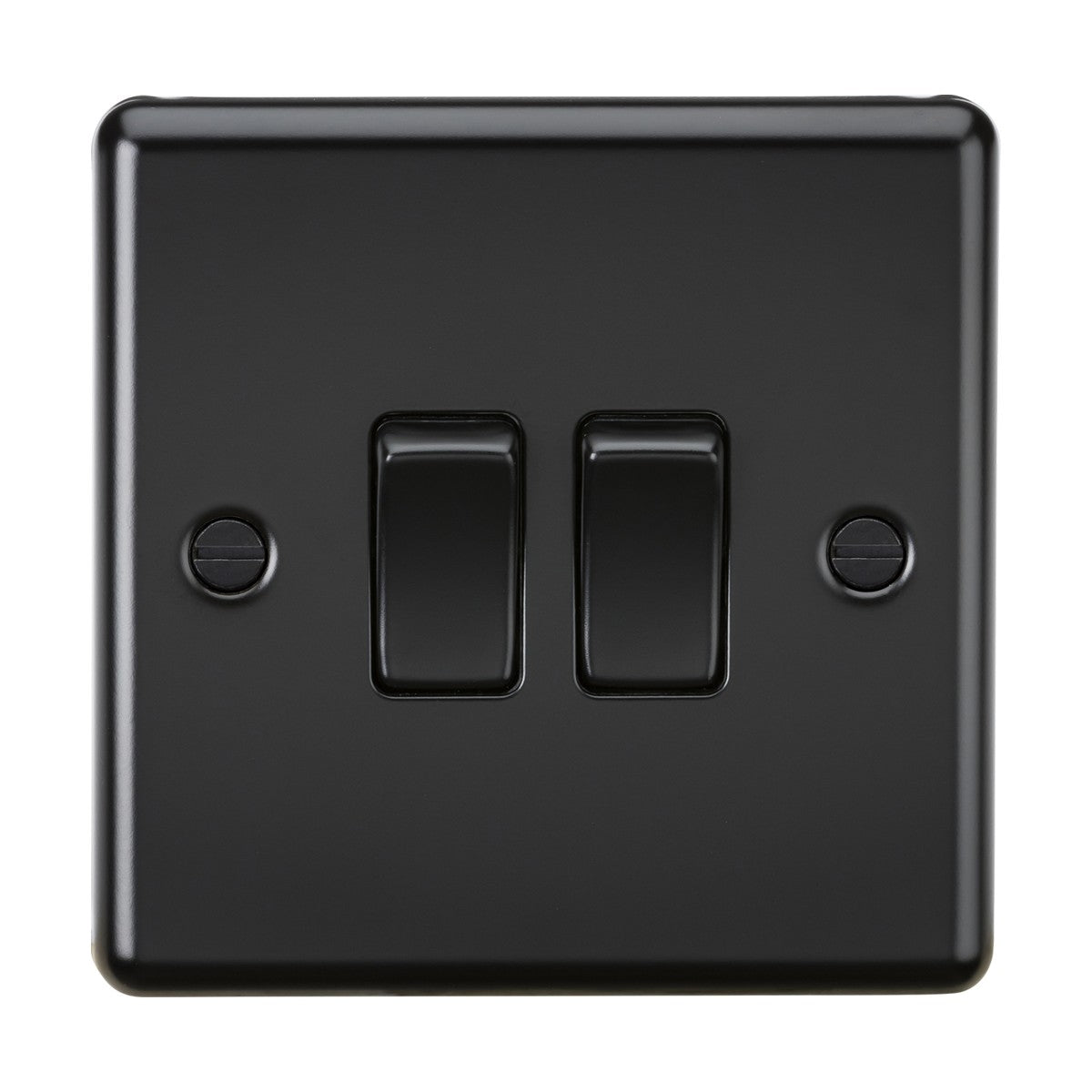 The 10AX 2 Gang 2-Way Switch in matt black offers a sleek, modern lighting control design with two rectangular toggle switches on a square plate and two visible screws for secure mounting.