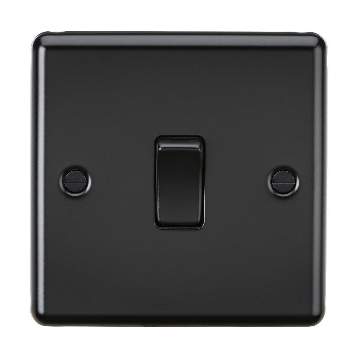 The 10AX 1 Gang 2-Way Switch in matt black, with a single toggle on a matching plate and visible screws, suits industrial interiors.