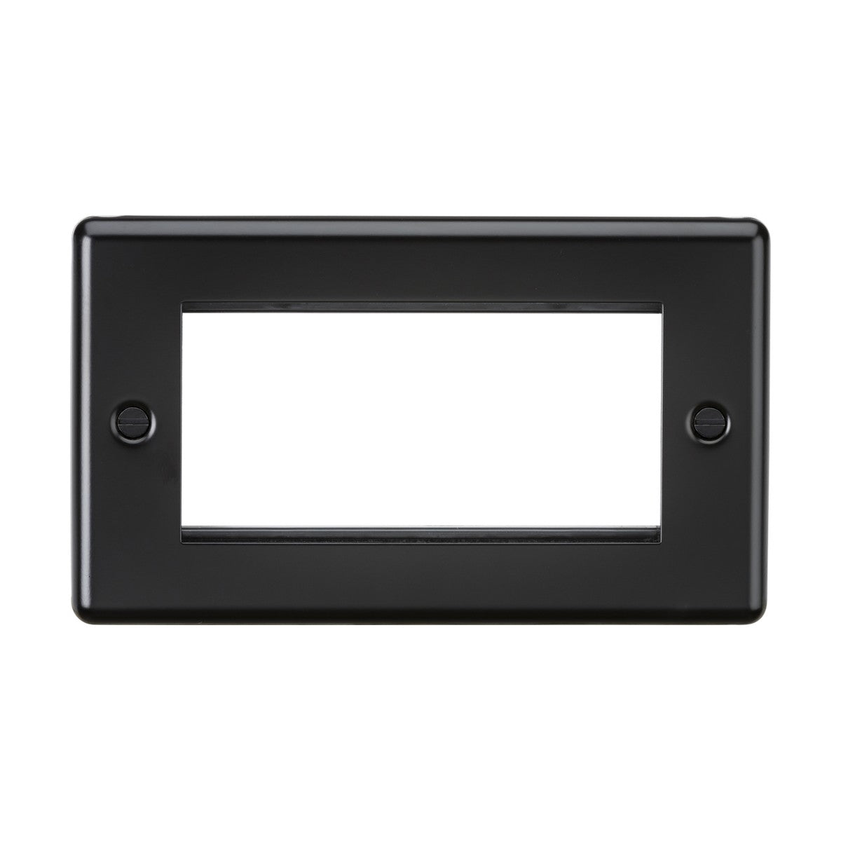 The 4 Gang Modular Faceplate - Matt Black (Rounded Edge) is a premium-grade steel wall plate designed in black with a rectangular shape, featuring two visible screw holes and a central opening. It's perfect for custom installations where both durability and style are essential, specifically crafted to cover electrical sockets or switches.