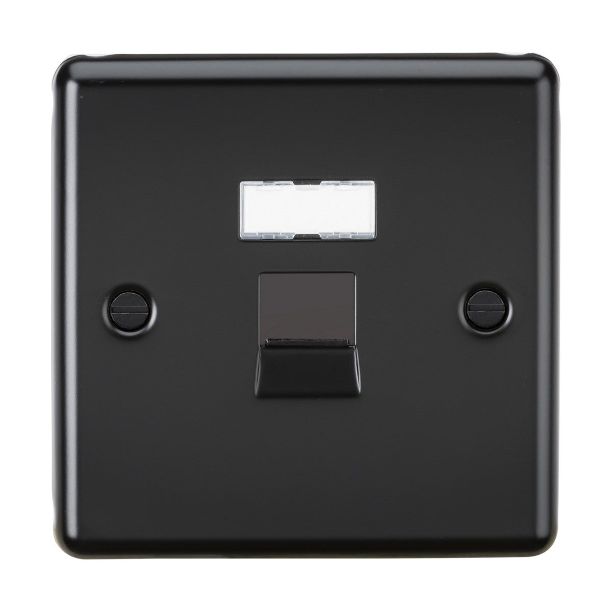 The RJ45 Network Outlet - Matt Black (Rounded Edge) is a sleek, modern wall plate featuring an integrated black single telephone socket with an RJ45 port. It's secured by two visible screws and includes a small rectangular label area, making it perfect for wired networking setups.