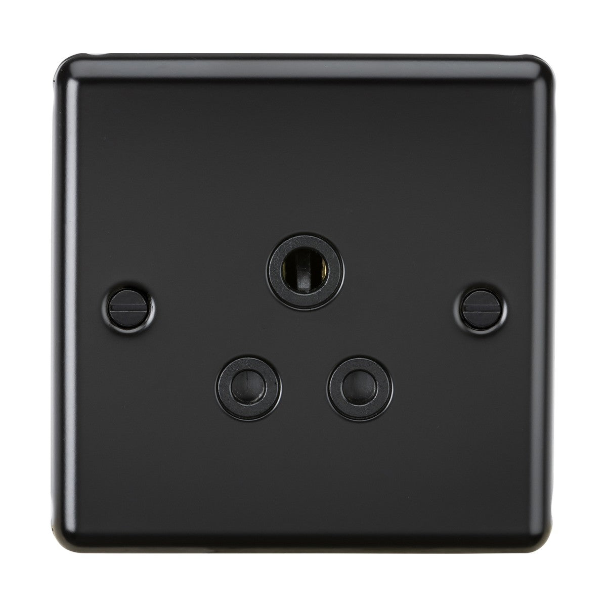The 5A Unswitched Socket in Matt Black showcases a square plate with a central round socket and three surrounding circular holes. Its rounded edges contribute to its sleek, minimalist design, making it ideal for seamless integration with custom lighting setups.