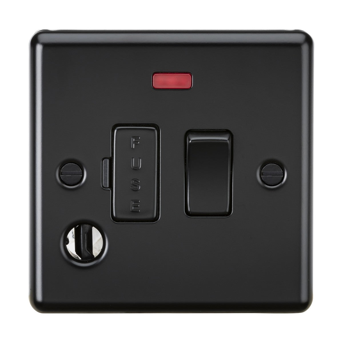 The 13A Switched Fused Spur Unit Neon & Flex Outlet in matt black has a sleek rectangular design, a red indicator light, is labeled FUSE, and features visible screw holes for easy mounting.