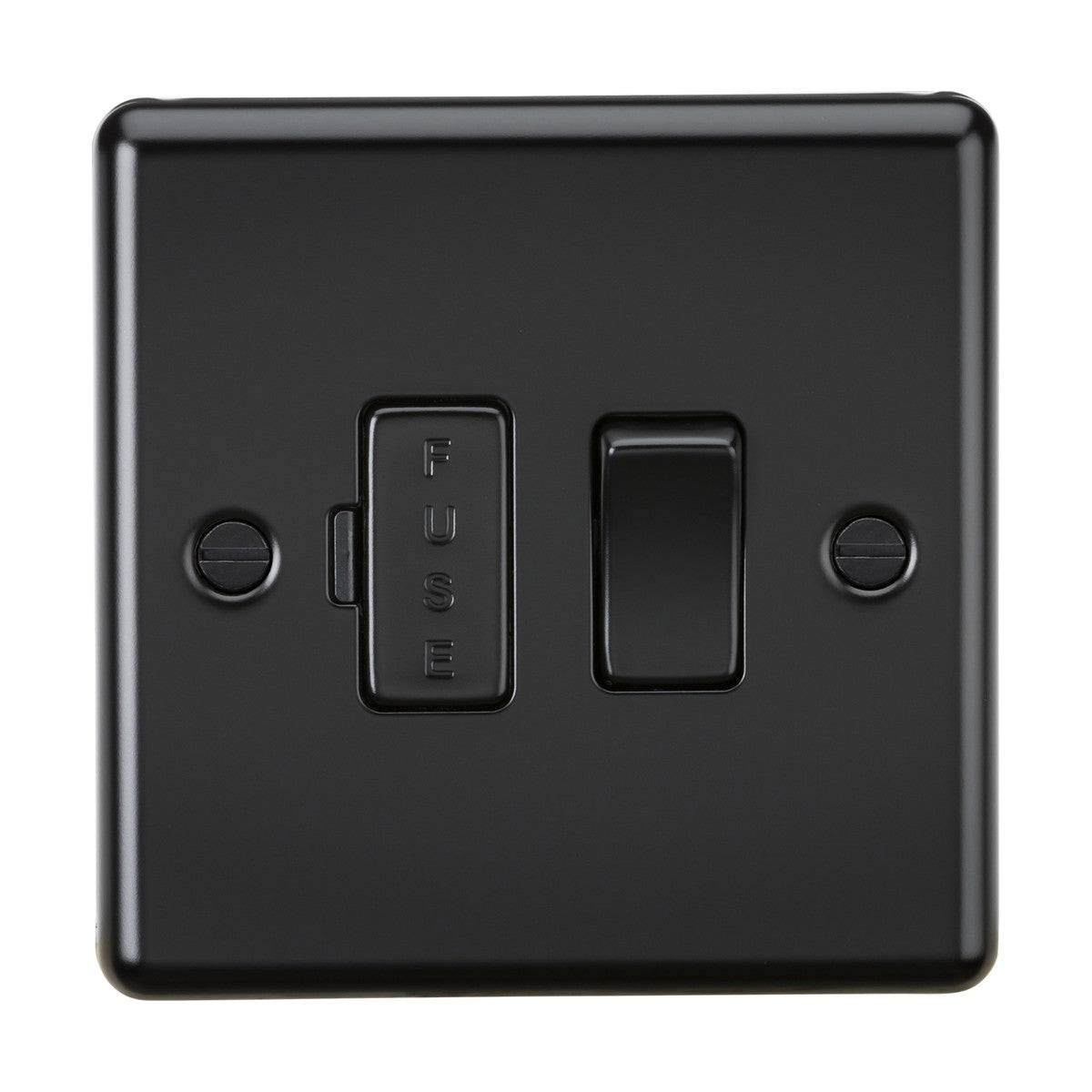 The 13A Switched Fused Spur Unit in matt black, with a rounded edge, features a rectangular FUSE toggle and standard switch on a square plate with visible screws, designed for contemporary interiors.