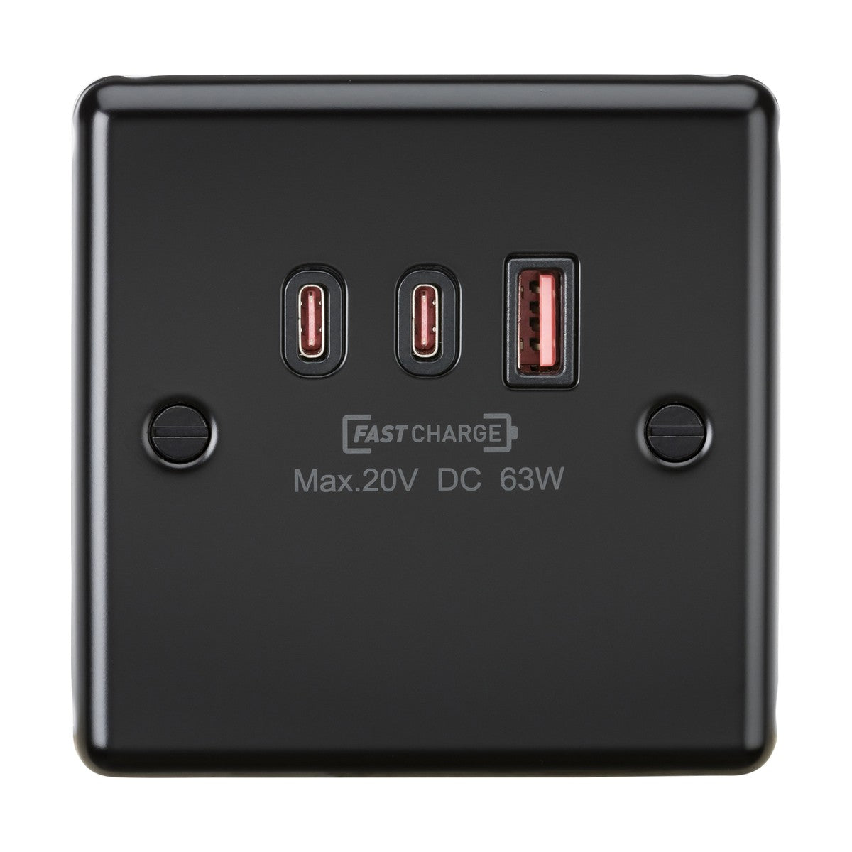 Matt black Triple USB Charger Plate featuring dual USB-C ports and a single legacy USB-A port, ideal for hot desking environments. The panel is labeled "Fast Charge," with specifications "Max. 20V DC 63W" printed below the ports.