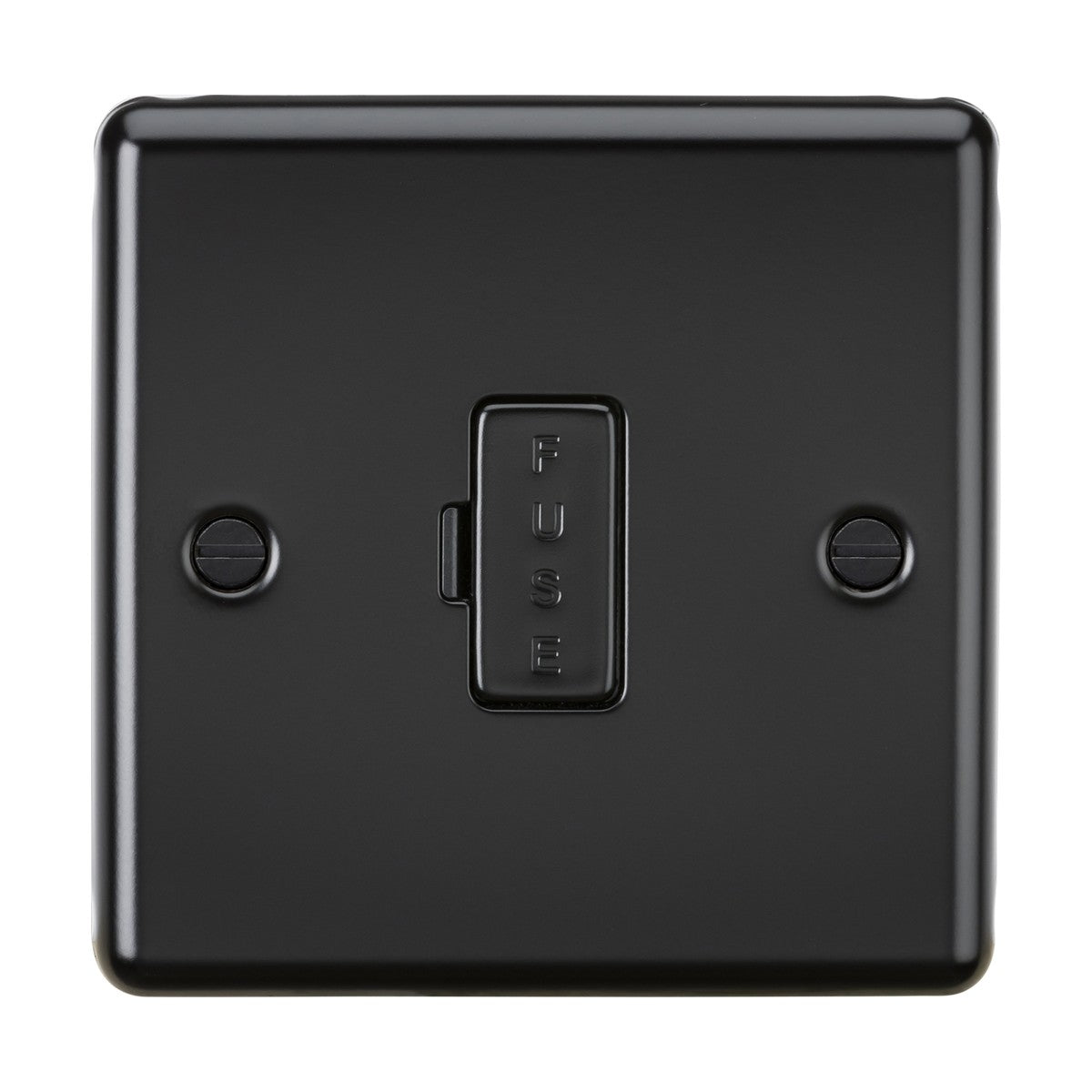 The 13A Fused Spur Unit - Matt Black (Rounded Edge) is made from high-quality steel and showcases a sleek matt black finish. Central to its design is a rectangular fused spur labeled "FUSE" for enhanced functionality, with two visible screws on either side ensuring secure installation.