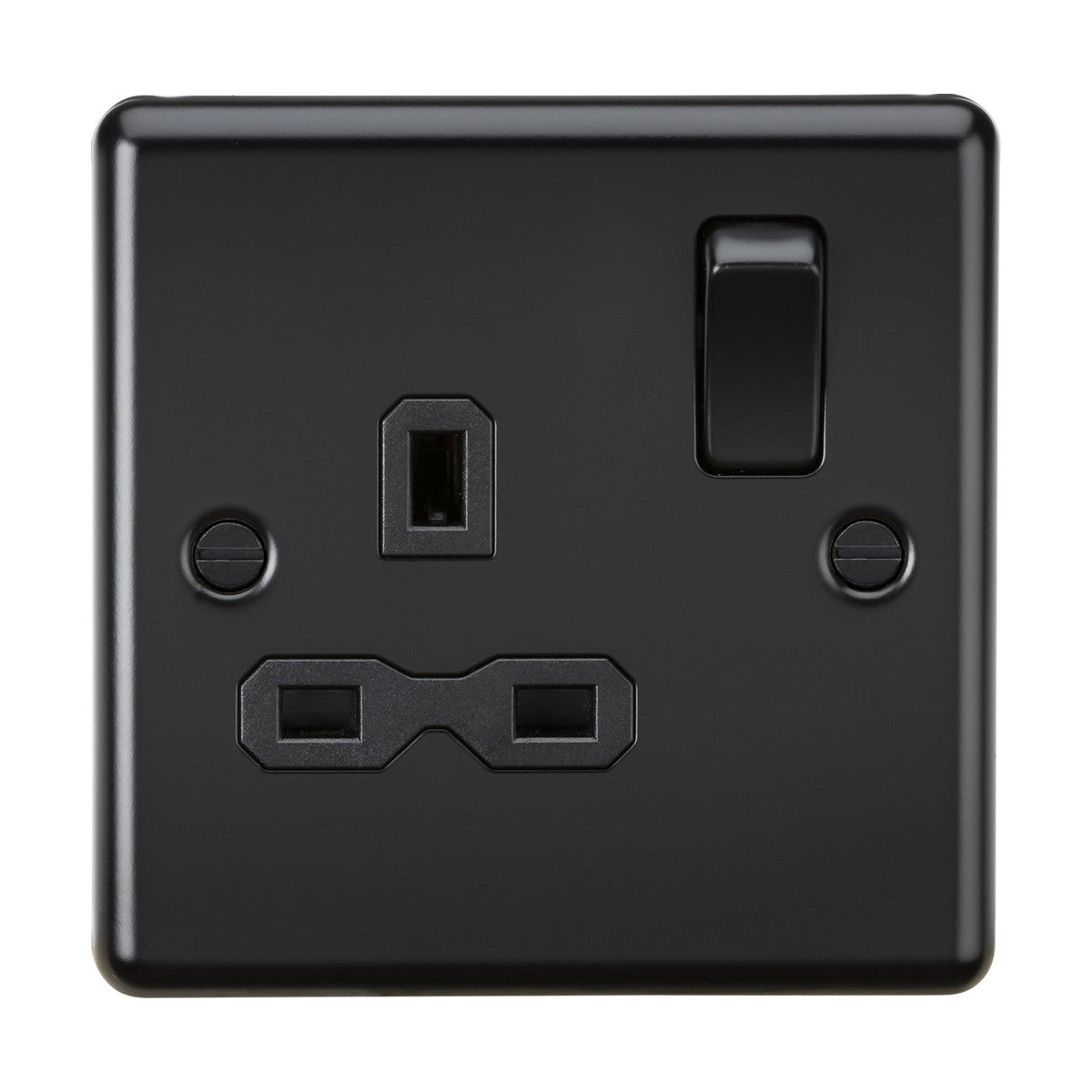 The 13A 1 Gang DP Switched Socket with a black insert and rounded edge offers a matt black finish, featuring an on/off switch and two screws on either side. Its three rectangular pin holes are arranged in a triangular pattern, providing an understated decorative element.