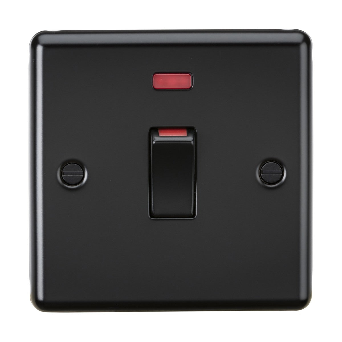 The 45A 1 Gang DP Switch Neon in Matt Black, featuring a red neon indicator light and two screws on each side, is shown in the off position against a crisp white background.