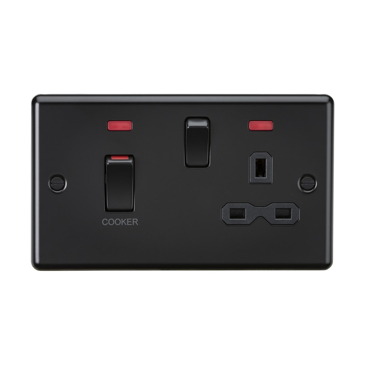 The 45A DP Switch and 13A Switched Socket Neons in matt black (black insert) features a sophisticated cooker control unit design. It includes a 45A switch labeled for cookers with a red indicator light, an additional switch with its own red indicator light, two differently shaped plug points, and a small rectangular space for labels or identifiers.