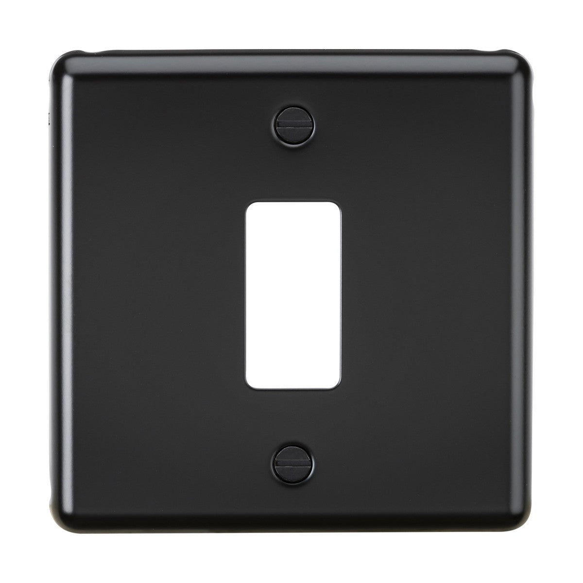 The 1 Gang Grid Faceplate in matt black is a chic rectangular wall plate with a single toggle switch cutout. It boasts smooth edges and includes two visible screws for mounting, adding a stylish element to any room.