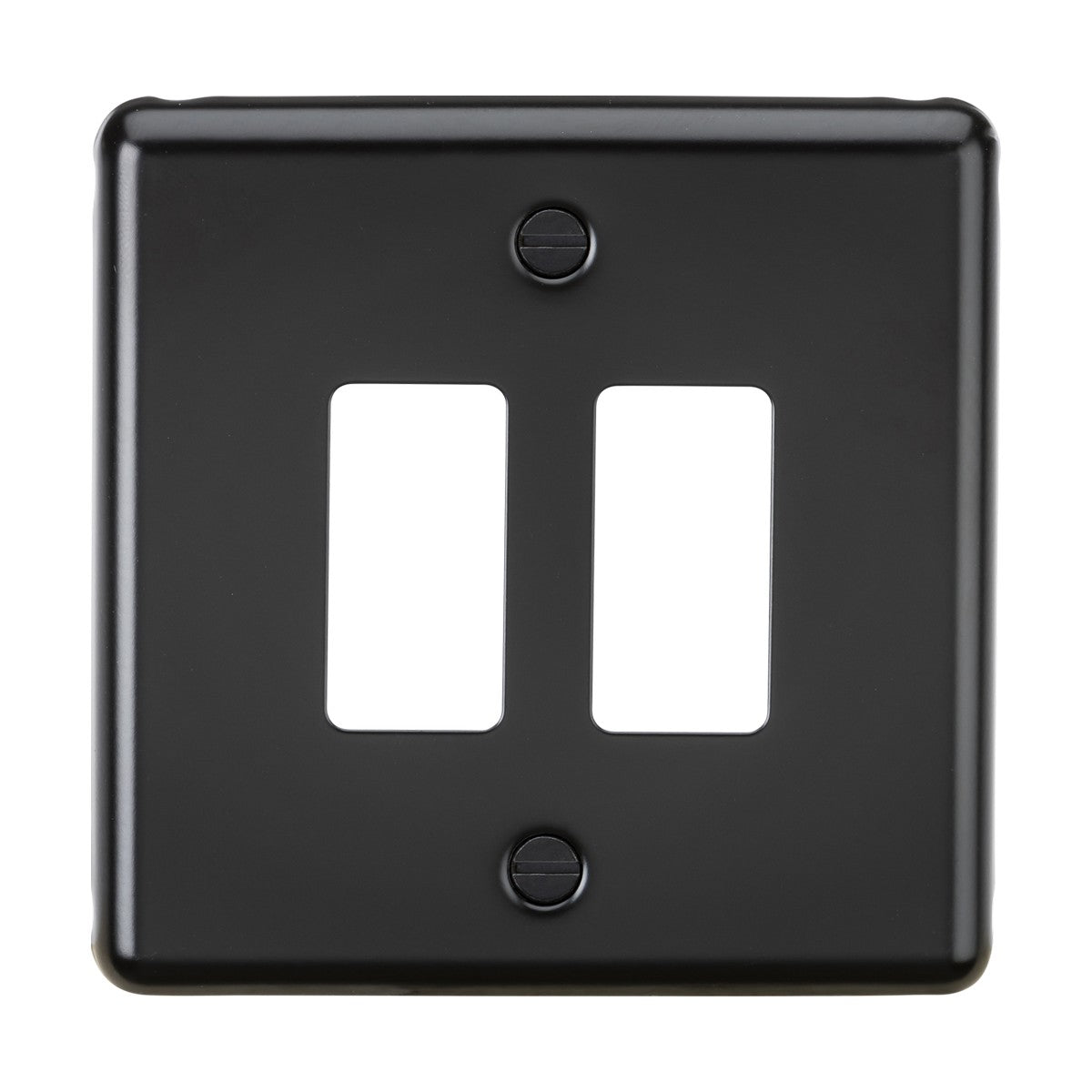 Introducing the Knightsbridge 2 Gang Grid Faceplate in an elegant matt black finish, designed to hold two brushed chrome switches. This faceplate, incorporating the Knightsbridge Grid System, features two rectangular cutouts and is secured with screws at both the top and bottom for stability.