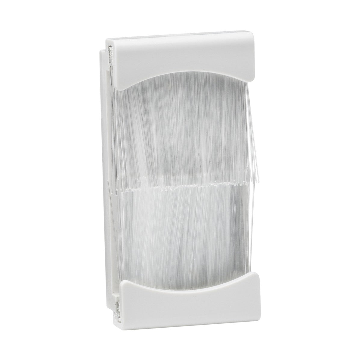 Introducing the Brush Module 25 x 50mm in white, a rectangular wall plate featuring dual brush openings. It's perfect for cable management, allowing you to organize and conceal wires through a wall for that seamless floating TV look.