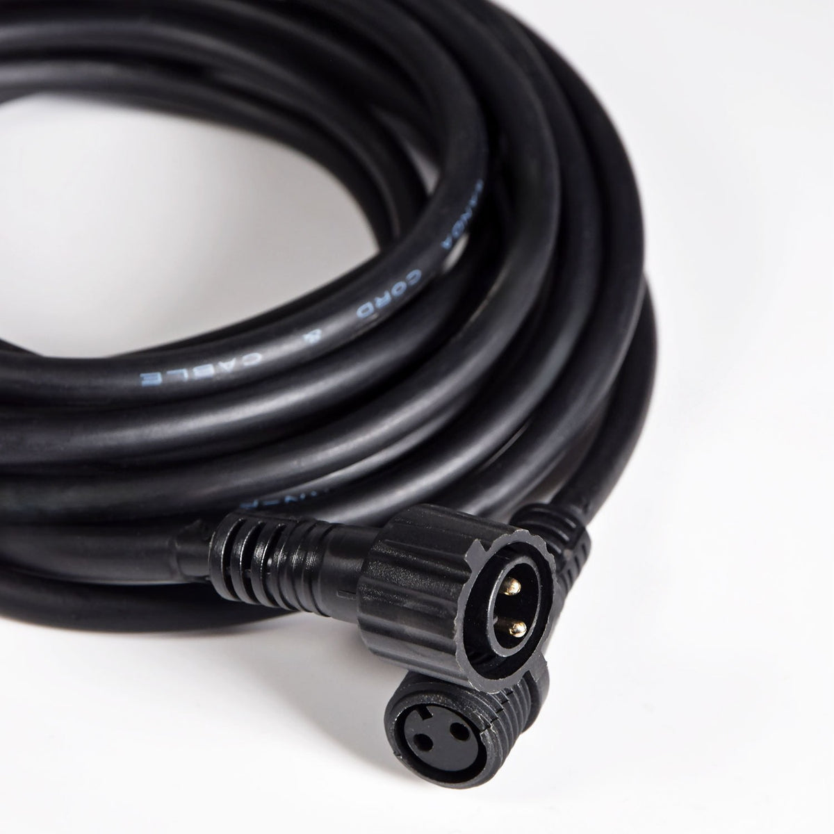 Close-up of the LYYT 5m outdoor string light extension cable by AVSL, showing coiled black rubber cable and IP44 two-pin weatherproof connectors.