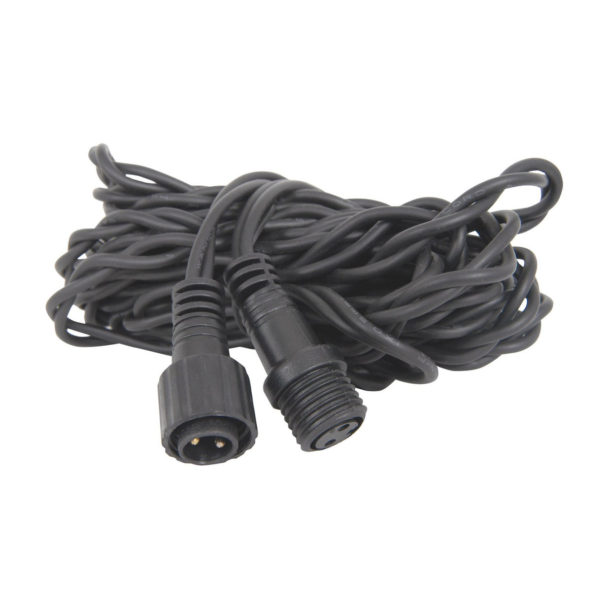 LYYT 5m outdoor string light extension cable in black PVC with moulded two-pin male and female weatherproof IP44 connectors, coiled on a white background.