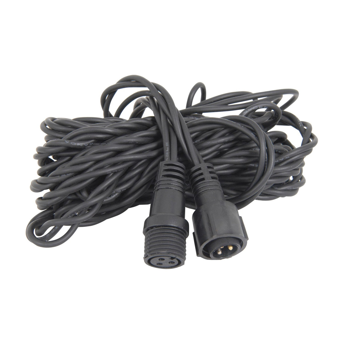 LYYT heavy duty 5m string light extension cable by AVSL, coiled black rubber IP44 lead with 3-pin male and female connectors on a white background.