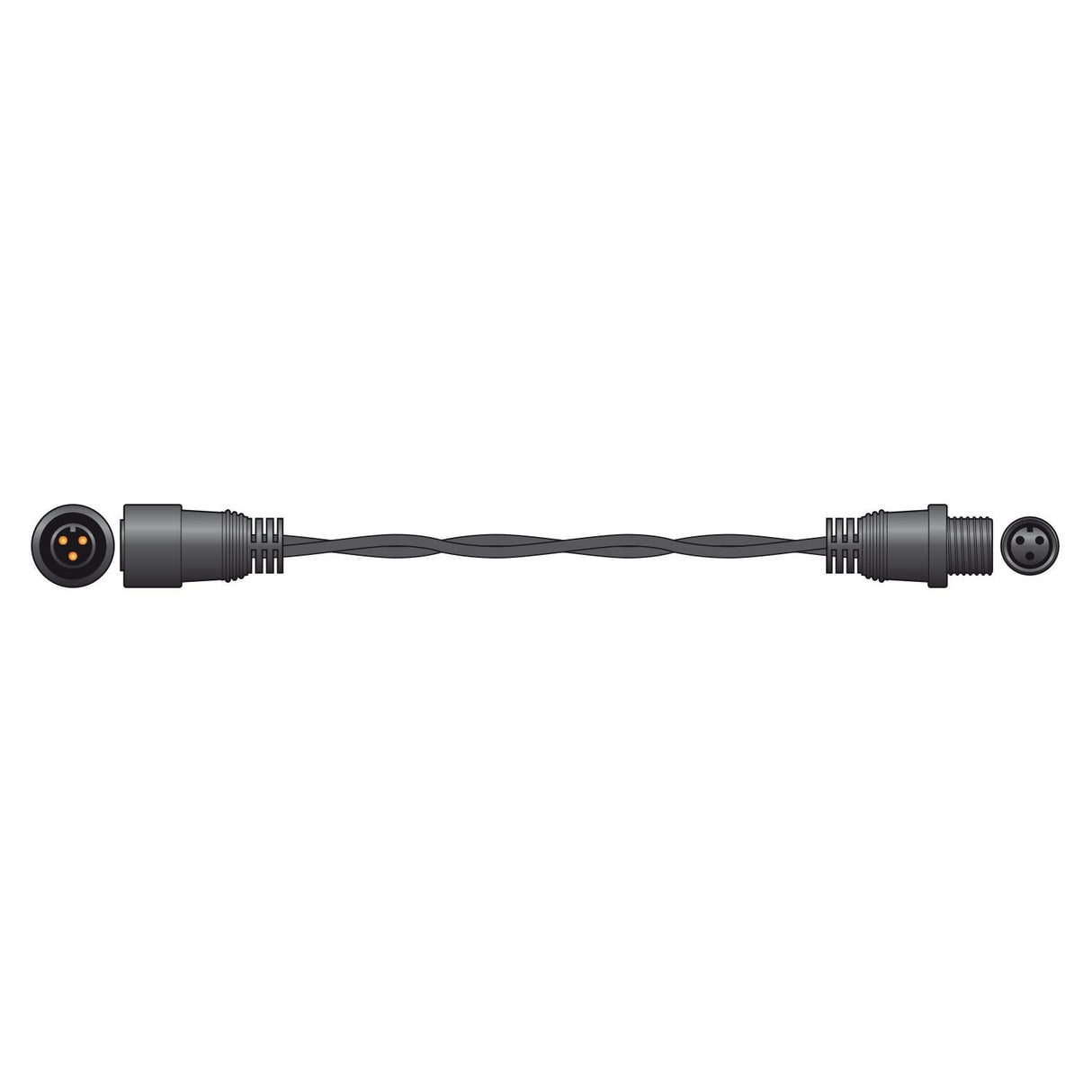 The LYYT Heavy Duty String Light Extension Cable - 5m is a weatherproof rubber cable featuring connectors at each end: a round plug with three pins on one side and a round socket with matching holes on the opposite side. Its slightly twisted coil design provides flexibility, making it perfect for outdoor use with Lyyt heavy duty string lights.