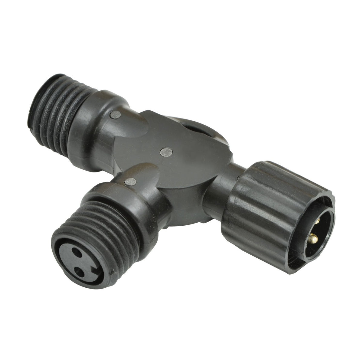 LYYT 2WAY-SPL weatherproof T-shaped string light splitter in black IP44 rubber, with one input and two ribbed branch connectors, on a white background.