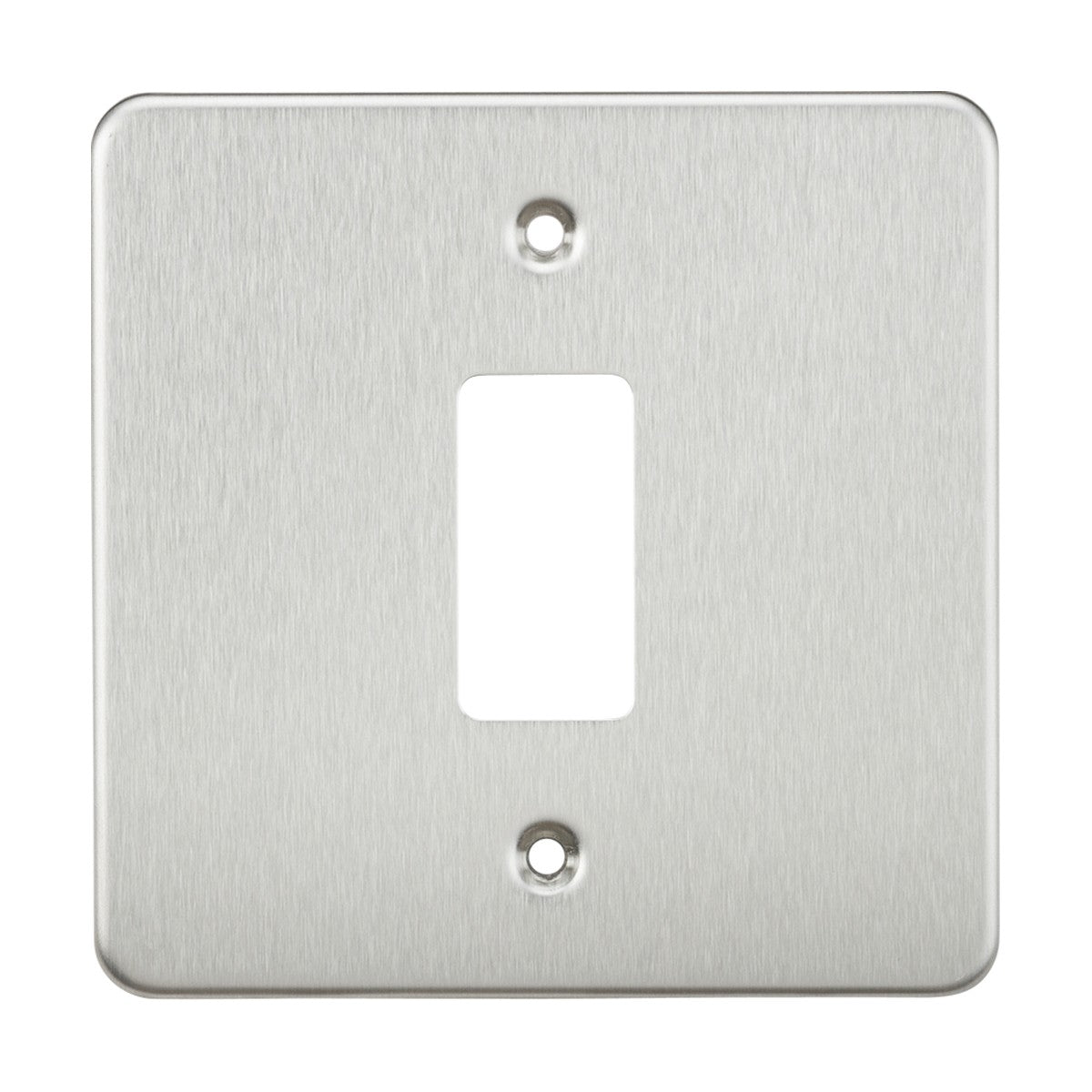 The Flat Plate 1 Gang Grid Faceplate in brushed chrome is crafted from premium grade steel and includes a rectangular cutout in the center with two screw holes, one at the top and one at the bottom.