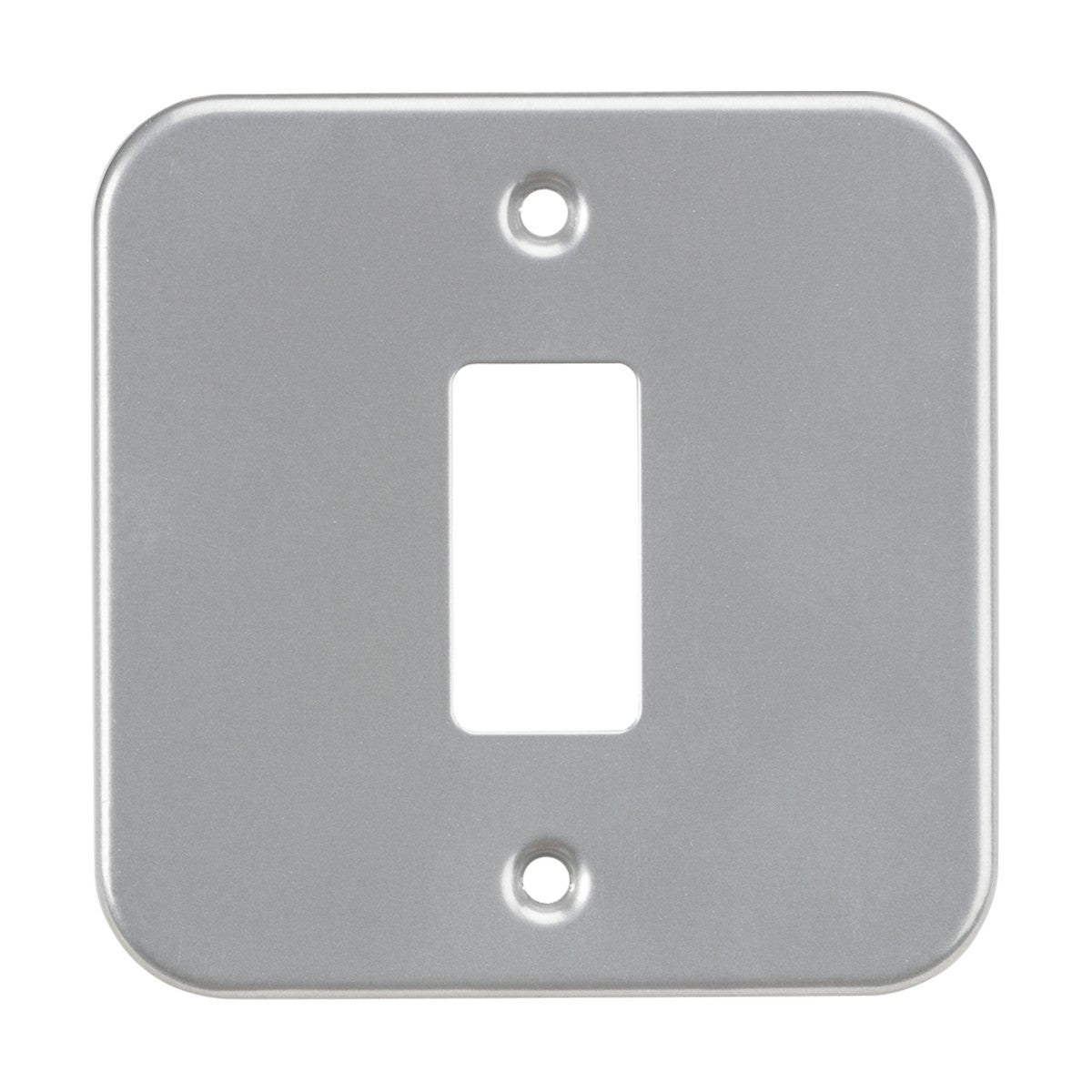 The Metalclad 1 Gang Grid Faceplate is a premium grade steel light switch cover, powder-coated in silver/grey. It features screw holes at the top and bottom, with a central rectangular opening for the toggle and rounded corners, offering a sleek design.
