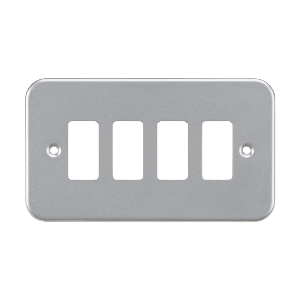 The Metalclad 4 Gang Grid Faceplate is a rectangular, powder-coated silver/grey light switch cover with rounded corners, featuring two screw holes and crafted from premium grade steel to accommodate four switches.