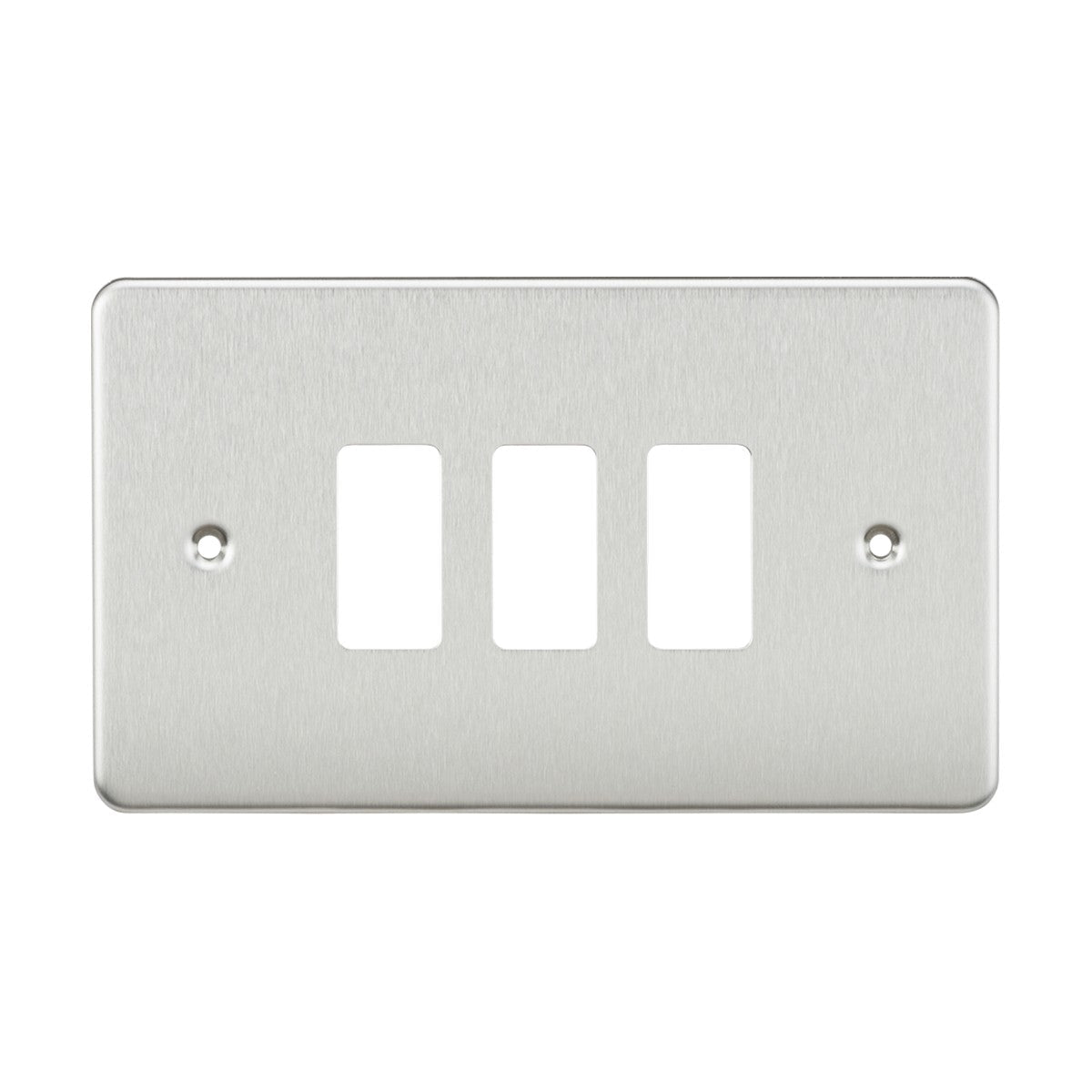 The Flat Plate 3 Gang Grid Faceplate in brushed chrome is a premium grade steel triple light switch cover with three rectangular openings and two screw holes for convenient mounting.