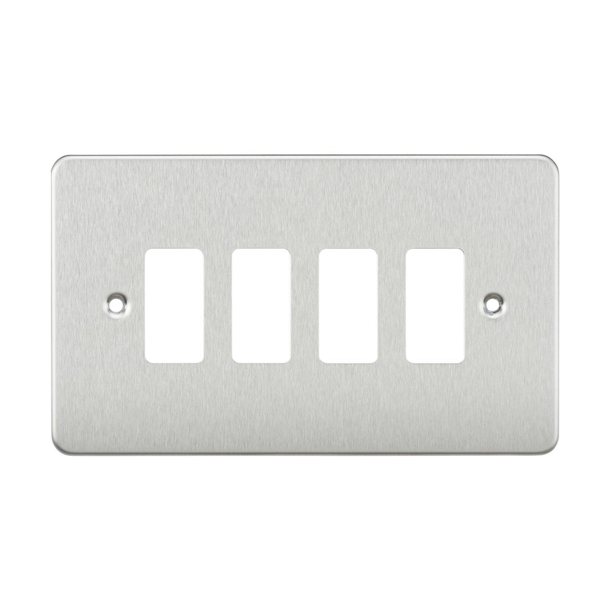 The Flat Plate 4 Gang Grid Faceplate in Brushed Chrome is made of premium grade steel, designed with four rectangular openings for switches or outlets and includes two screw holes for mounting.