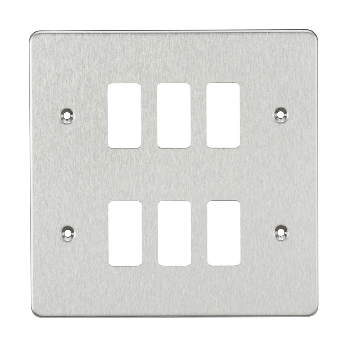 The Flat Plate 6 Gang Grid Faceplate in brushed chrome features six switch openings arranged in two neat rows. Made from premium-grade stainless steel, it includes four visible screws at each corner for secure mounting, enhancing both elegance and durability in your space.