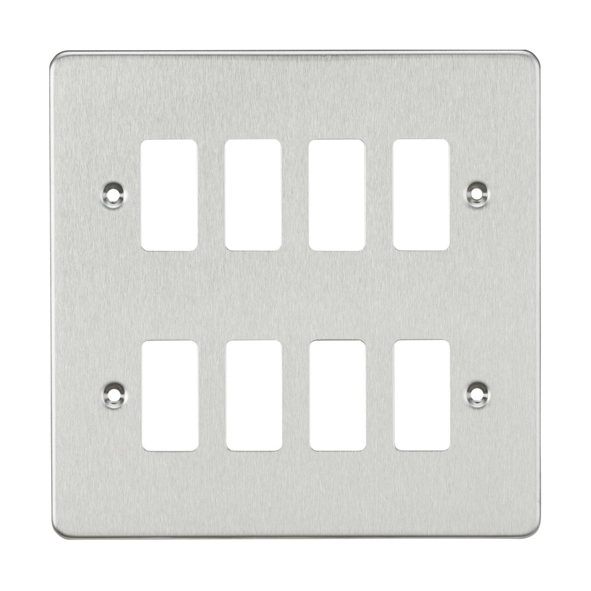 The Flat Plate 8 Gang Grid Faceplate in brushed chrome showcases eight rectangular cutouts arranged in two rows. Made from premium grade stainless steel, it is designed with four screw holes at the corners for easy mounting.