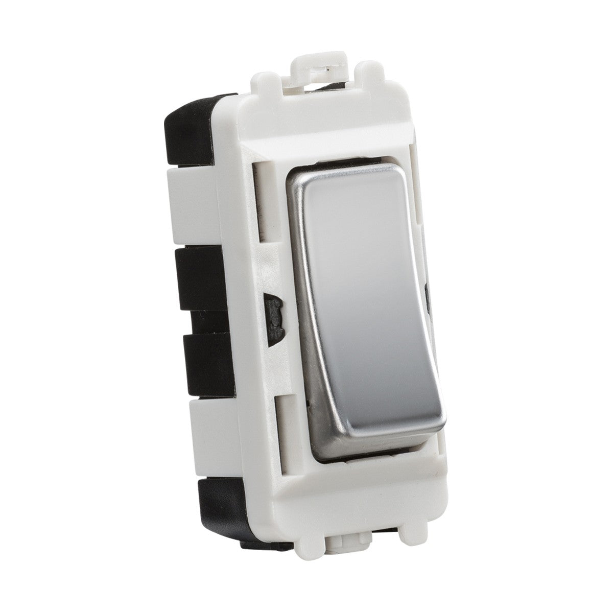 The image features a close-up of the 20AX DP Grid Module with a polished chrome finish, set within the Knightsbridge Grid system. The single white plastic light switch, accented by its metallic toggle, is photographed at a slight rightward angle on a plain white background.