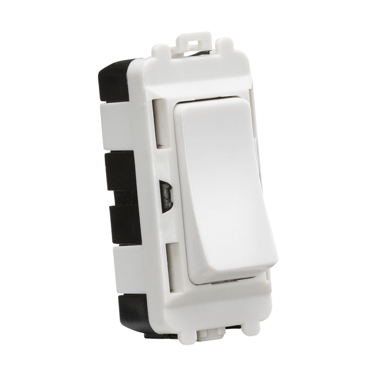 Close-up of the 20AX 2 Way SP Grid Module in white, featuring a black border and designed for mounting in a wall plate. The switch is part of the Knightsbridge Grid system, flipped to the off position, and boasts a simple, modern design.