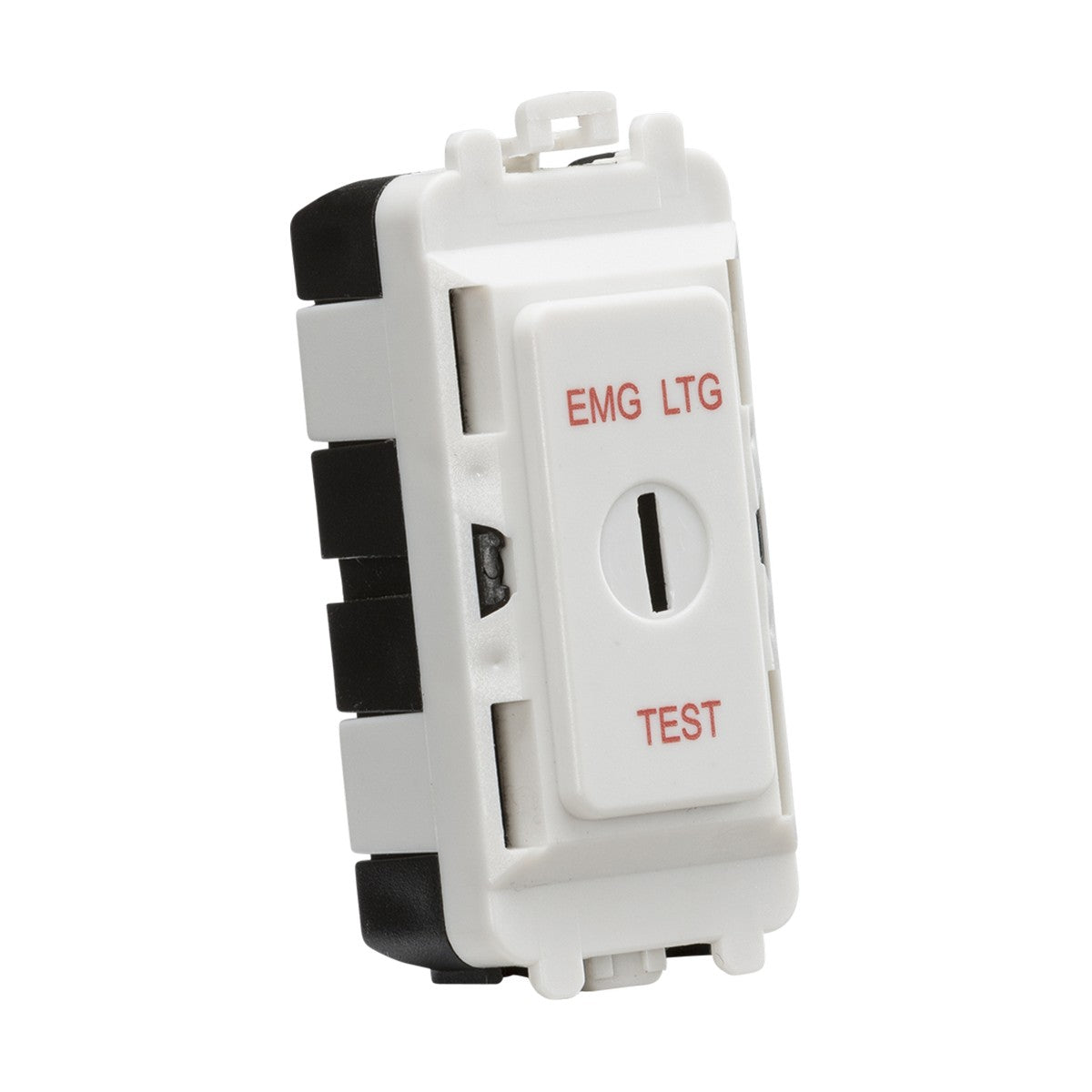 The 20AX 2 Way SP Key Module, labeled "EMG LTG TEST" in red, is a component of the Knightsbridge Grid System. It features a rectangular design with black sides, representing an off position for the white emergency light test switch.