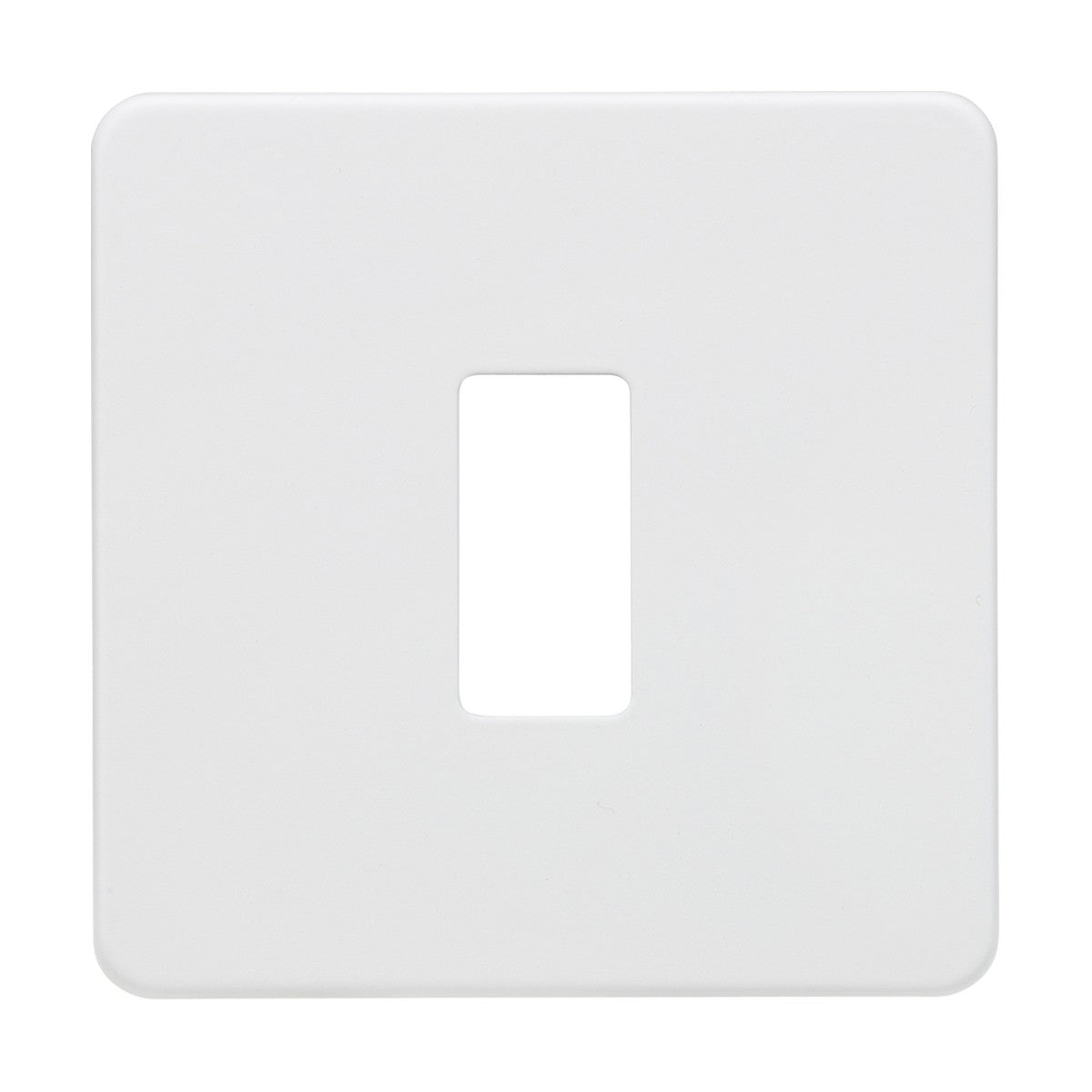 The Screwless 1 Gang Grid Faceplate in matt white features a plain, minimalist design with a rectangular opening for the switch. Its premium-grade steel construction and smooth finish offer a clean, modern look without visible screws.