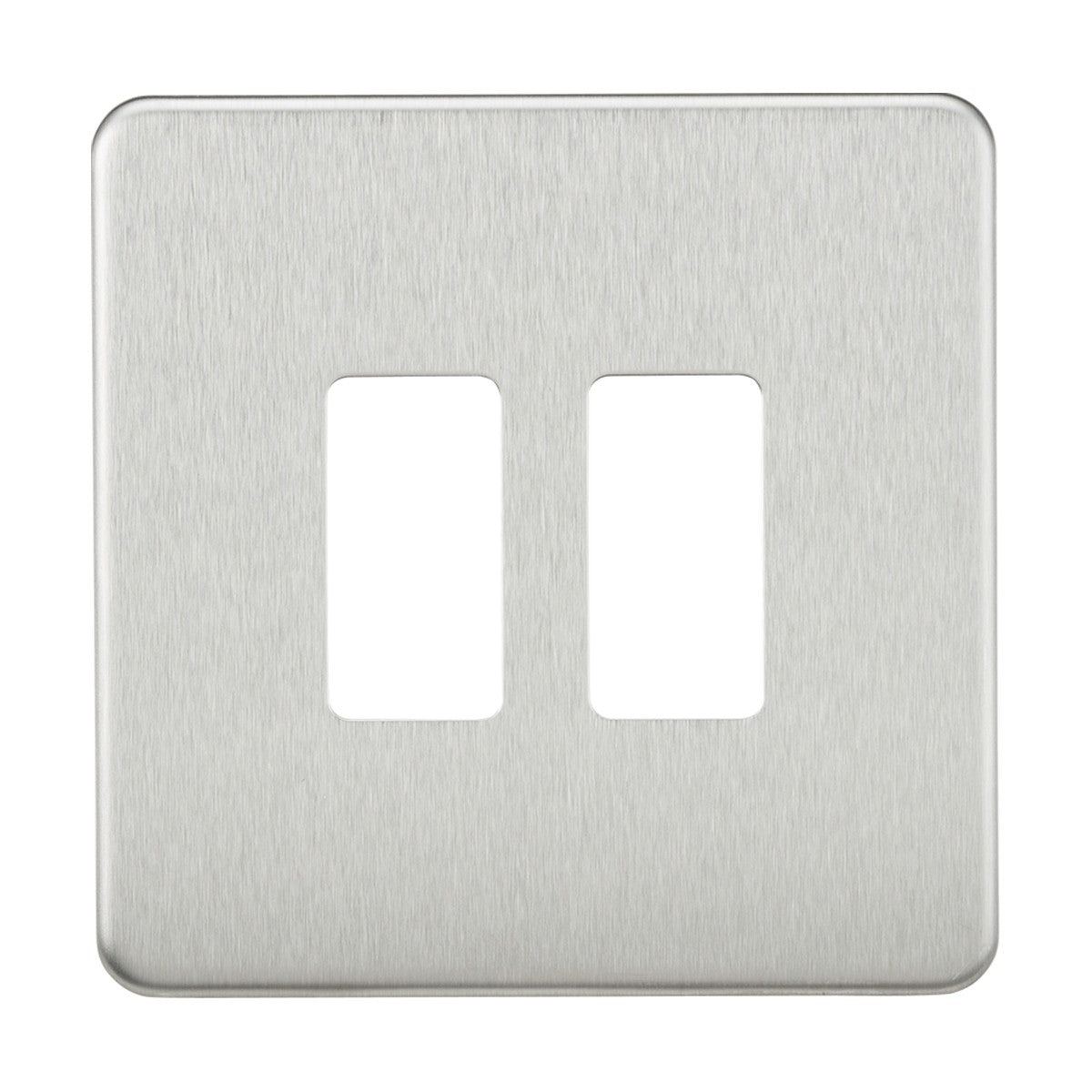 The Screwless 2 Gang Grid Faceplate in brushed chrome features a premium steel design with two rectangular openings for switches.