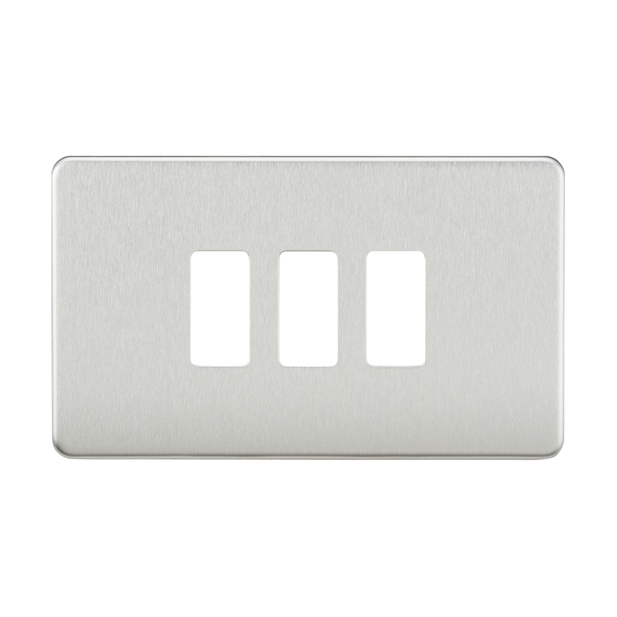 The Screwless 3 Gang Grid Faceplate - Brushed Chrome is crafted from premium grade steel and is designed with three rectangular cutouts, perfect for accommodating triple switches. Its sleek brushed chrome finish adds a modern touch of elegance to any room.