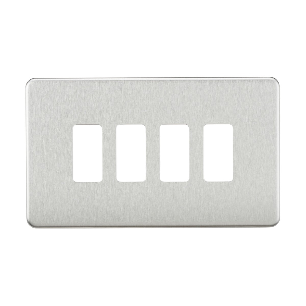 The Screwless 4 Gang Grid Faceplate in brushed chrome is a premium grade steel wall plate with four rectangular openings designed for switches or outlets.