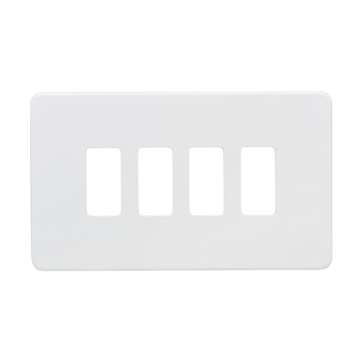 Introducing the Screwless 4 Gang Grid Faceplate in Matt White: This rectangular switch plate is designed with four vertical cutouts for light switches. Its screwless design ensures easy installation while offering a clean, modern look. Made from premium-grade steel for lasting durability, it features a sleek matt white finish.