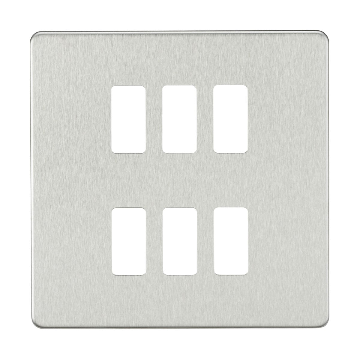 The Screwless 6 Gang Grid Faceplate in brushed chrome features six rectangular openings arranged in two columns, ideal for electrical switches or outlets. It offers a minimalist design with a smooth finish, crafted from premium grade steel for enhanced durability.