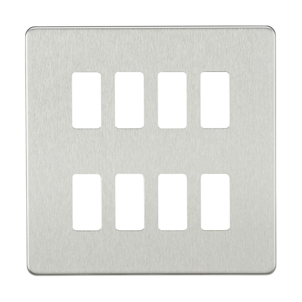 A Screwless 8 Gang Grid Faceplate - Brushed Chrome features a modern design with eight rectangular openings for switches, organized in two rows of four, crafted from premium grade steel with an elegant brushed chrome finish.