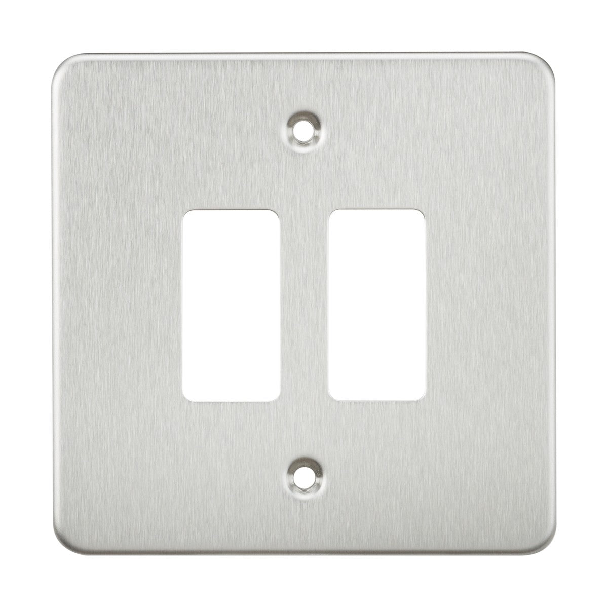 The Flat Plate 2 Gang Grid Faceplate in brushed chrome is crafted from premium grade steel and features two rectangular openings along with four screw holes for secure wall mounting.