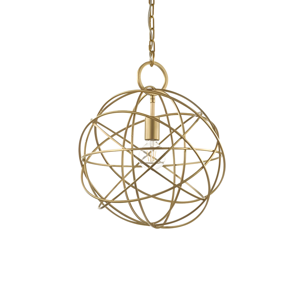 The Zen 1 Light Pendant - Gold is a stunning spherical fixture featuring a detailed geometric wireframe design. Its central bulb remains visible, and the gold pendant light is suspended gracefully from a coordinating chain, beautifully merging modern aesthetics with classic elegance.