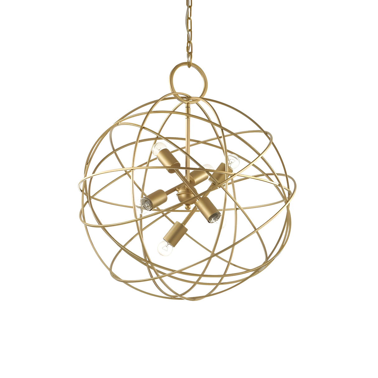 Introducing the Zen 6 Light Suspension - Gold: a contemporary spherical chandelier featuring a geometric metal framework in a sophisticated satin dark gold finish. Within, multiple light bulbs are elegantly arranged around a central hub, all gracefully suspended by an attractive chain.