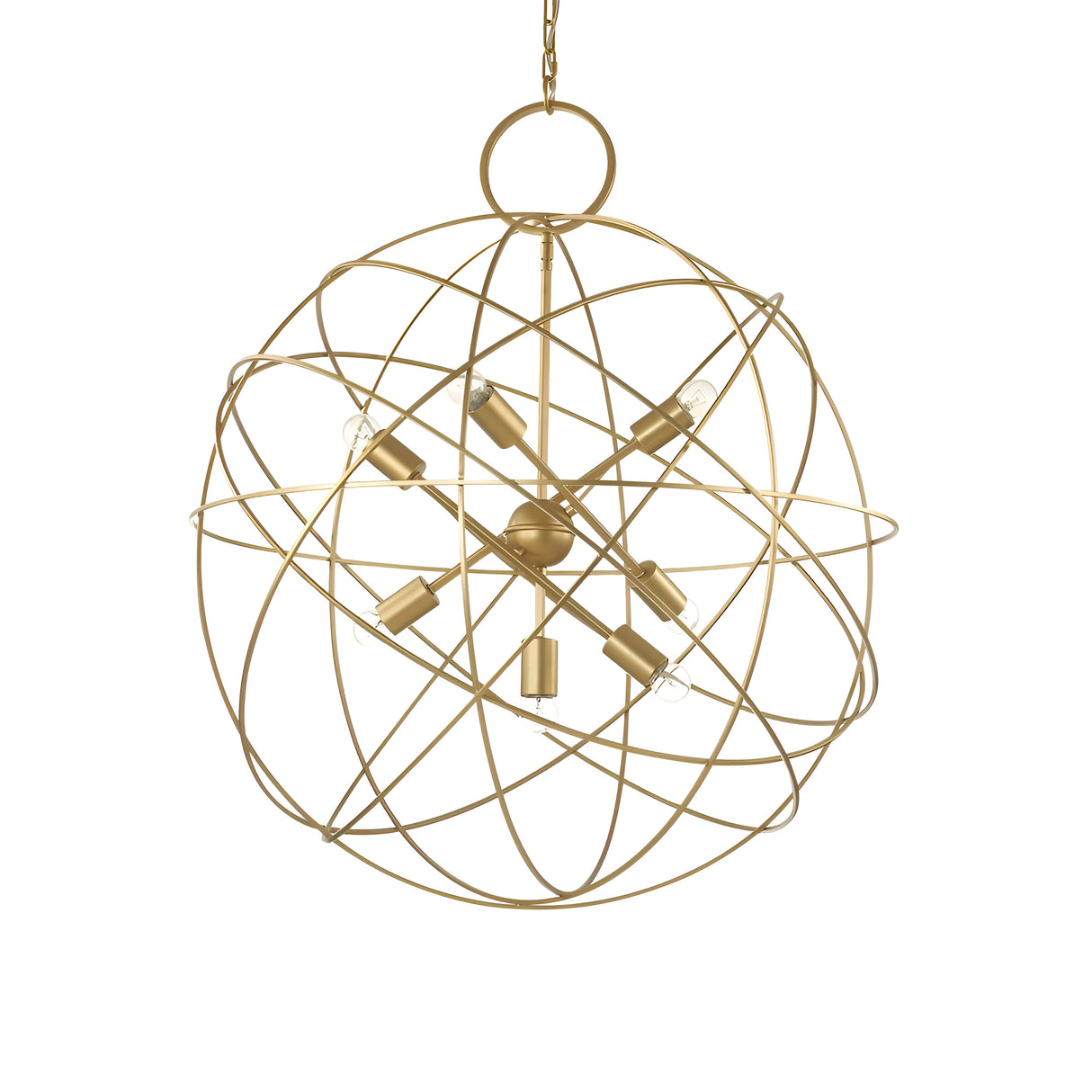 The Zen 7 Light Suspension - Gold is a spherical light fixture with an atomic structure design, featuring multiple interconnected rings around a central hub with seven bulbs. It hangs from a chain, offering modern and elegant styling for luxurious lighting.